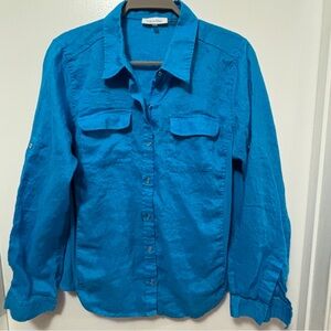 Vintage Y2K Calvin Klein Women's Long Sleeve 100% Linen Button Down Blouse